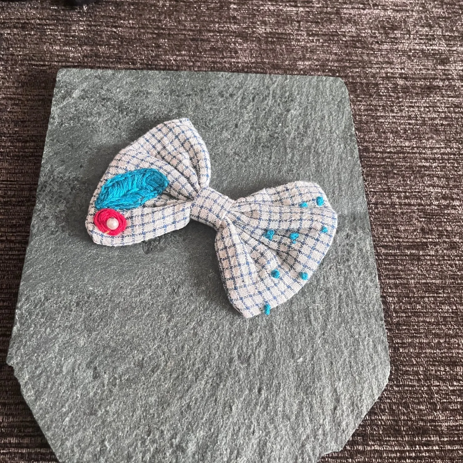 Bow Hair Clip Of Girls | White Check | Embroidered | Floral | Cute & Peppy |