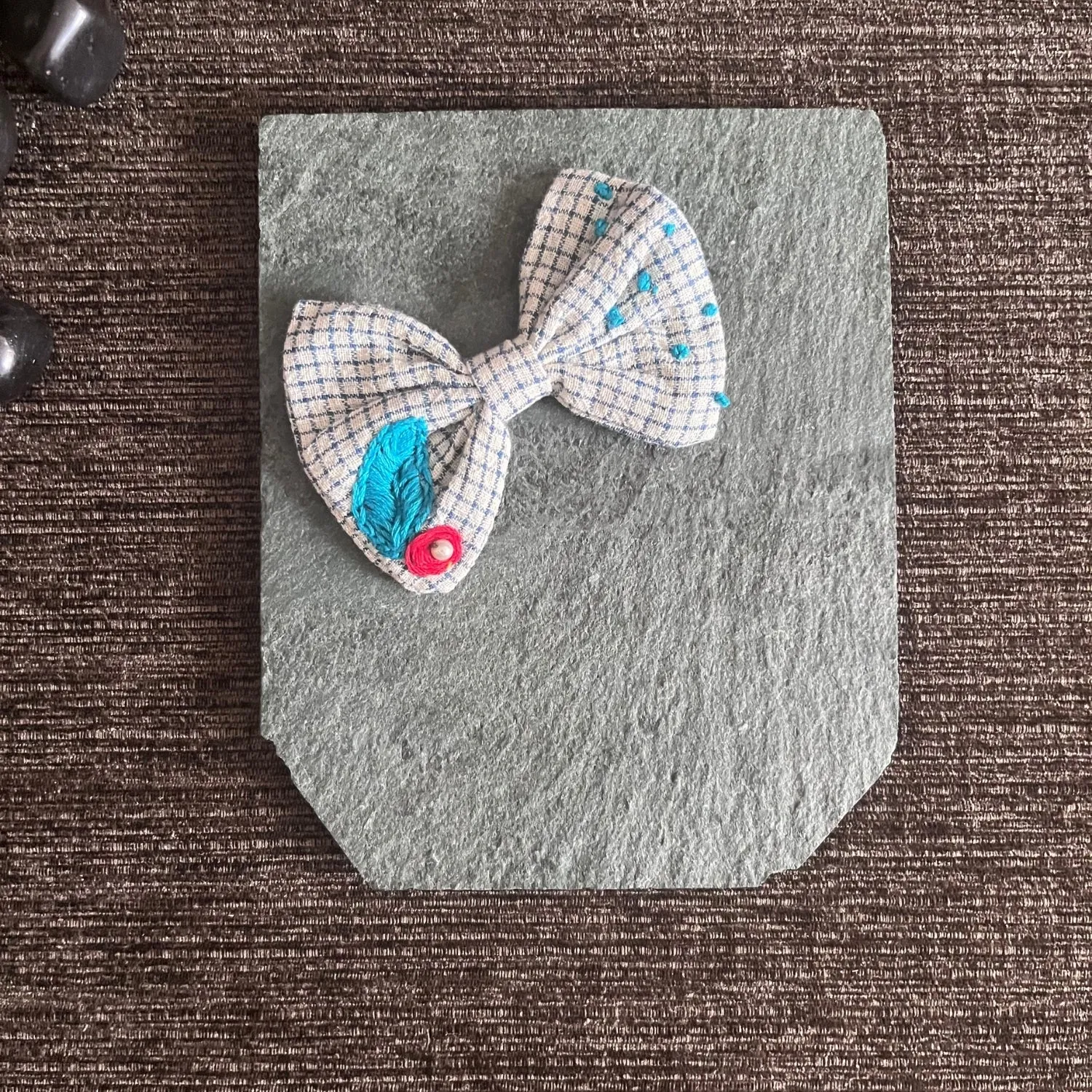 Bow Hair Clip Of Girls | White Check | Embroidered | Floral | Cute & Peppy |
