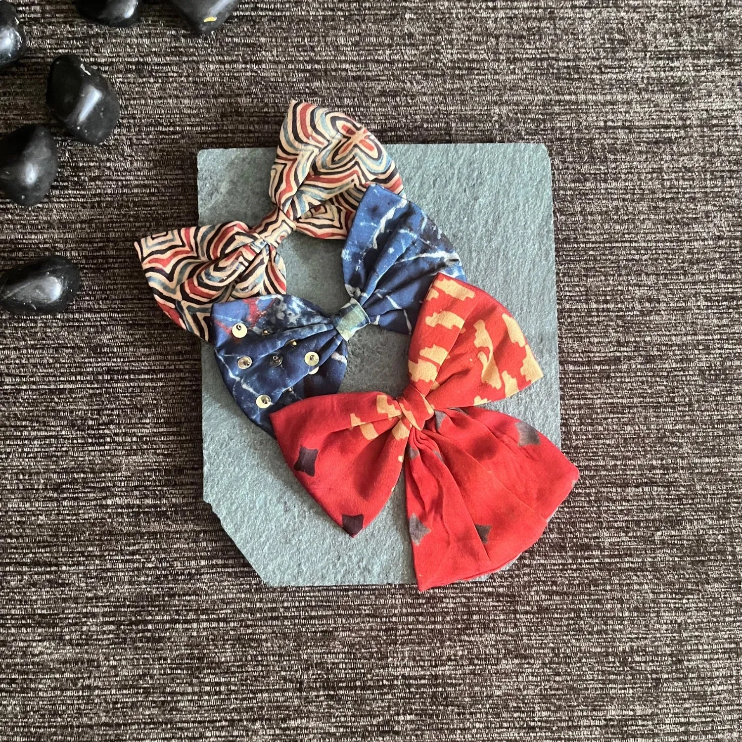 Bow Hair Clips For Girls | Ajrakh Block Print | Comfortable | Peppy | Set of 3