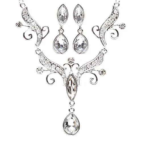 Bridal Wedding Jewelry Crystal Rhinestone Dazzling Tear Drop Necklace J570Silver