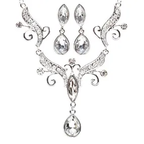 Bridal Wedding Jewelry Crystal Rhinestone Dazzling Tear Drop Necklace J570Silver