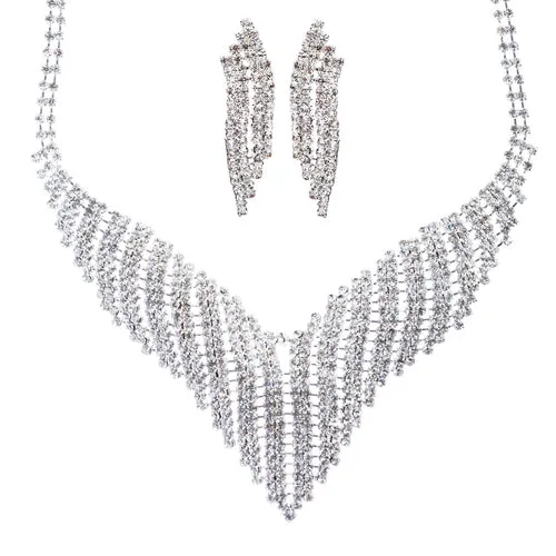 Bridal Wedding Jewelry Crystal Rhinestone Grand Bib Design Necklace J576 Silver