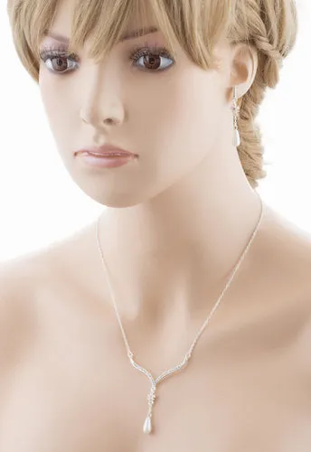 Bridal Wedding Jewelry Crystal Rhinestone Pearl Simple Elegant Y Necklace Silver