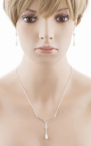 Bridal Wedding Jewelry Crystal Rhinestone Pearl Simple Elegant Y Necklace Silver