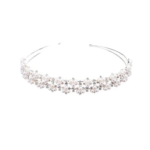 Bridal Wedding Jewelry Hair Headband Tiara Rhinestone Pearl Cluster Linear White