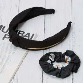 Classic Black Satin Hairband with Gold Detail and Daisy Print Scrunchie Set- Pack of 2