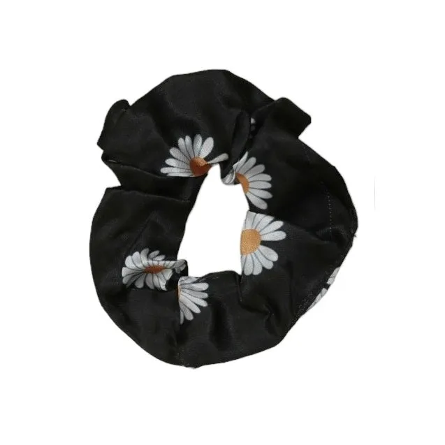 Classic Black Satin Hairband with Gold Detail and Daisy Print Scrunchie Set- Pack of 2