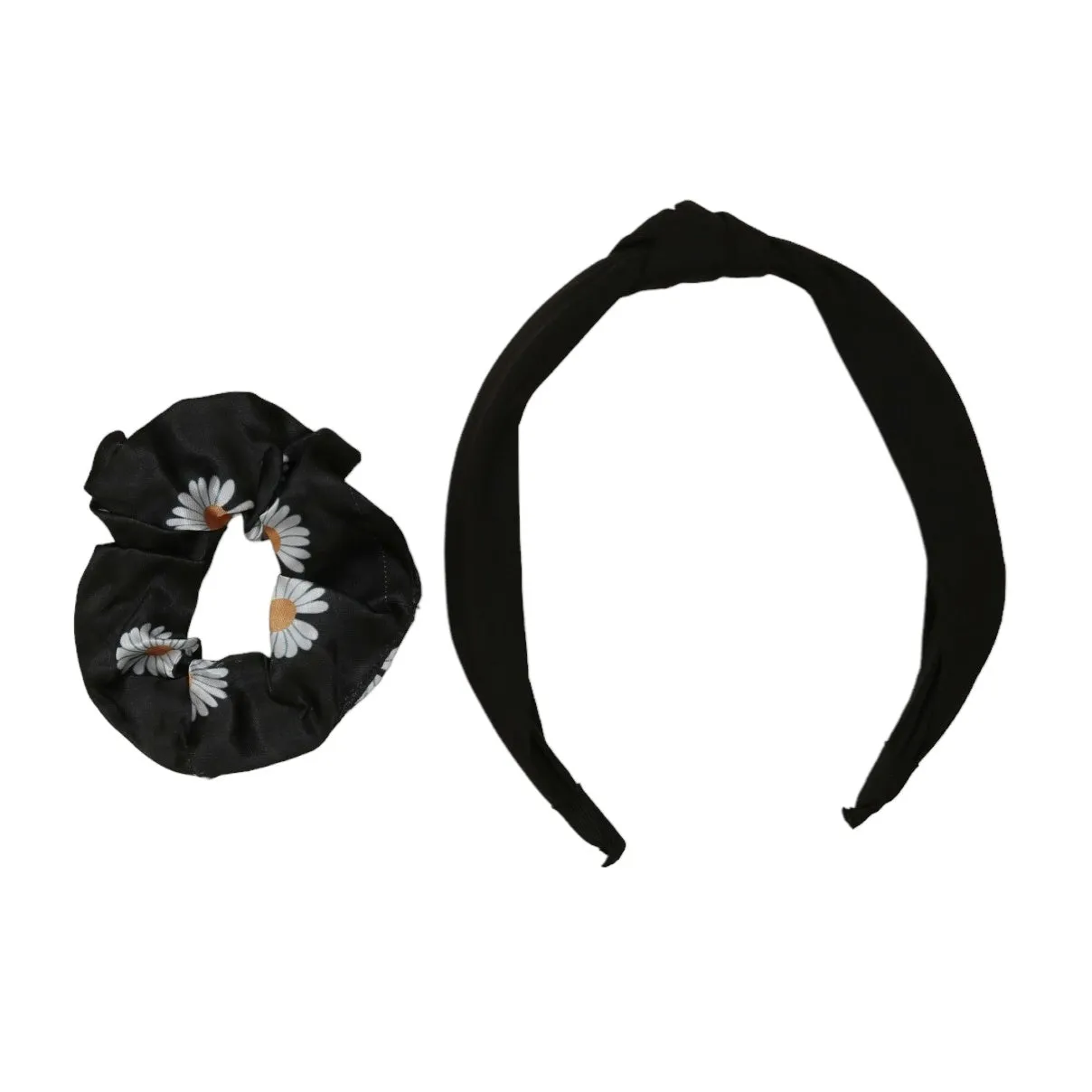 Classic Black Satin Hairband with Gold Detail and Daisy Print Scrunchie Set- Pack of 2