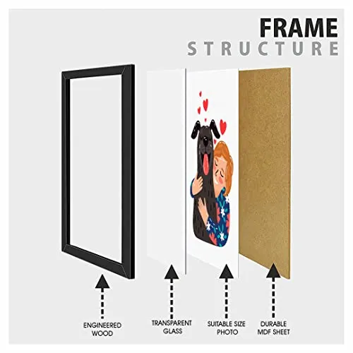 The Karkhana Cartoon Illustration Girl Hugging Black Dog Wall Frame Hanging Art Frame for Pet Lover, Doggie Corner, Dog Birthday, | (24.5 x 34.7 cm) | (With Glass)