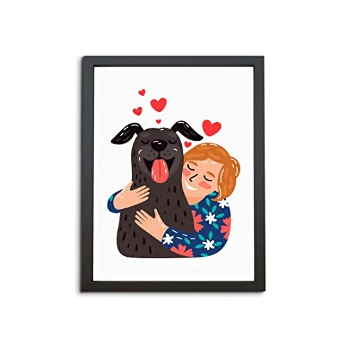 The Karkhana Cartoon Illustration Girl Hugging Black Dog Wall Frame Hanging Art Frame for Pet Lover, Doggie Corner, Dog Birthday, | (24.5 x 34.7 cm) | (With Glass)