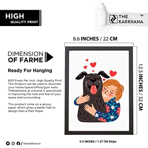 The Karkhana Cartoon Illustration Girl Hugging Black Dog Wall Frame Hanging Art Frame for Pet Lover, Doggie Corner, Dog Birthday, | (24.5 x 34.7 cm) | (With Glass)