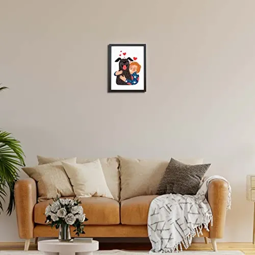 The Karkhana Cartoon Illustration Girl Hugging Black Dog Wall Frame Hanging Art Frame for Pet Lover, Doggie Corner, Dog Birthday, | (24.5 x 34.7 cm) | (With Glass)