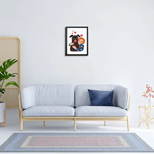 The Karkhana Cartoon Illustration Girl Hugging Black Dog Wall Frame Hanging Art Frame for Pet Lover, Doggie Corner, Dog Birthday, | (24.5 x 34.7 cm) | (With Glass)