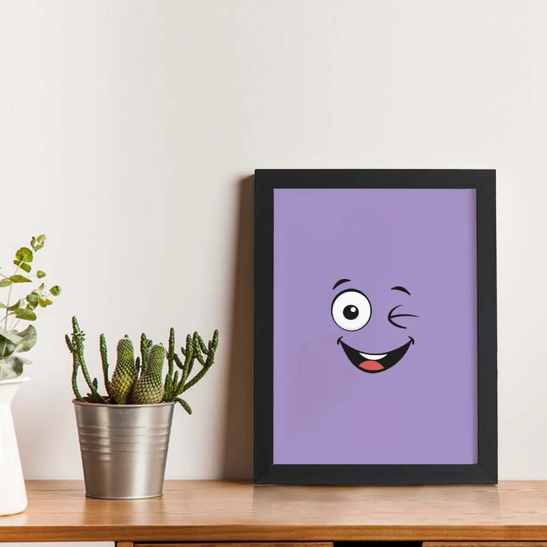 TheKarkhana- Purple Winking Smile Emoji Frame For Home, Restaurant & Wall Decor (24.5 x 34.7 cm) (With Glass)