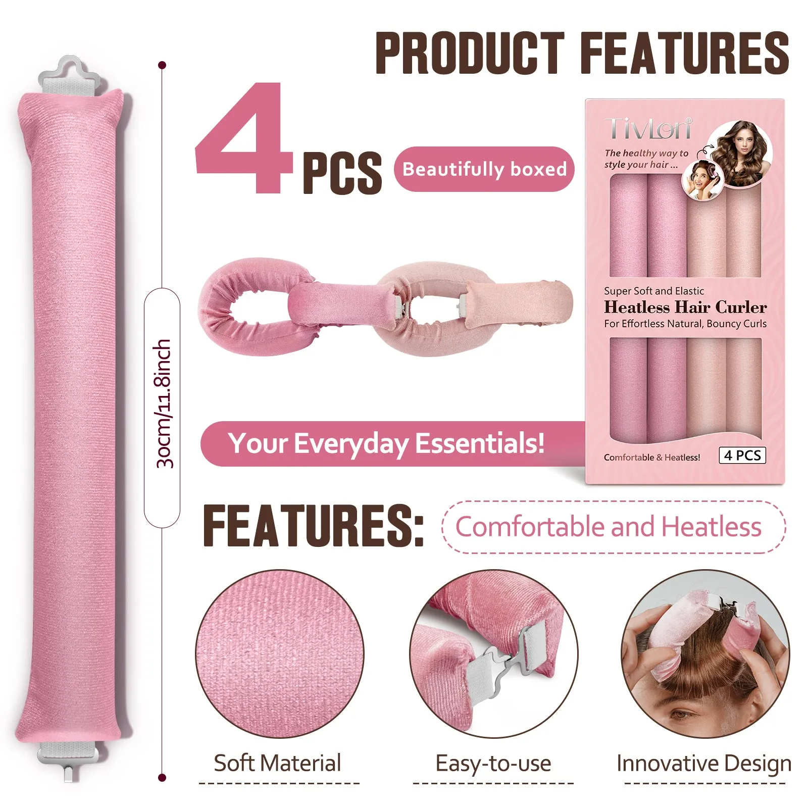 Tivlon Velvet Fabric Heatless Curling Set-Flexi Rods with Hook-Heatless Curling Rod Headband for All Hair Types- Comfortable & Heatless