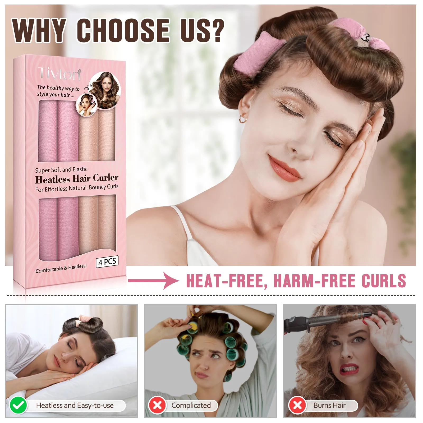 Tivlon Velvet Fabric Heatless Curling Set-Flexi Rods with Hook-Heatless Curling Rod Headband for All Hair Types- Comfortable & Heatless