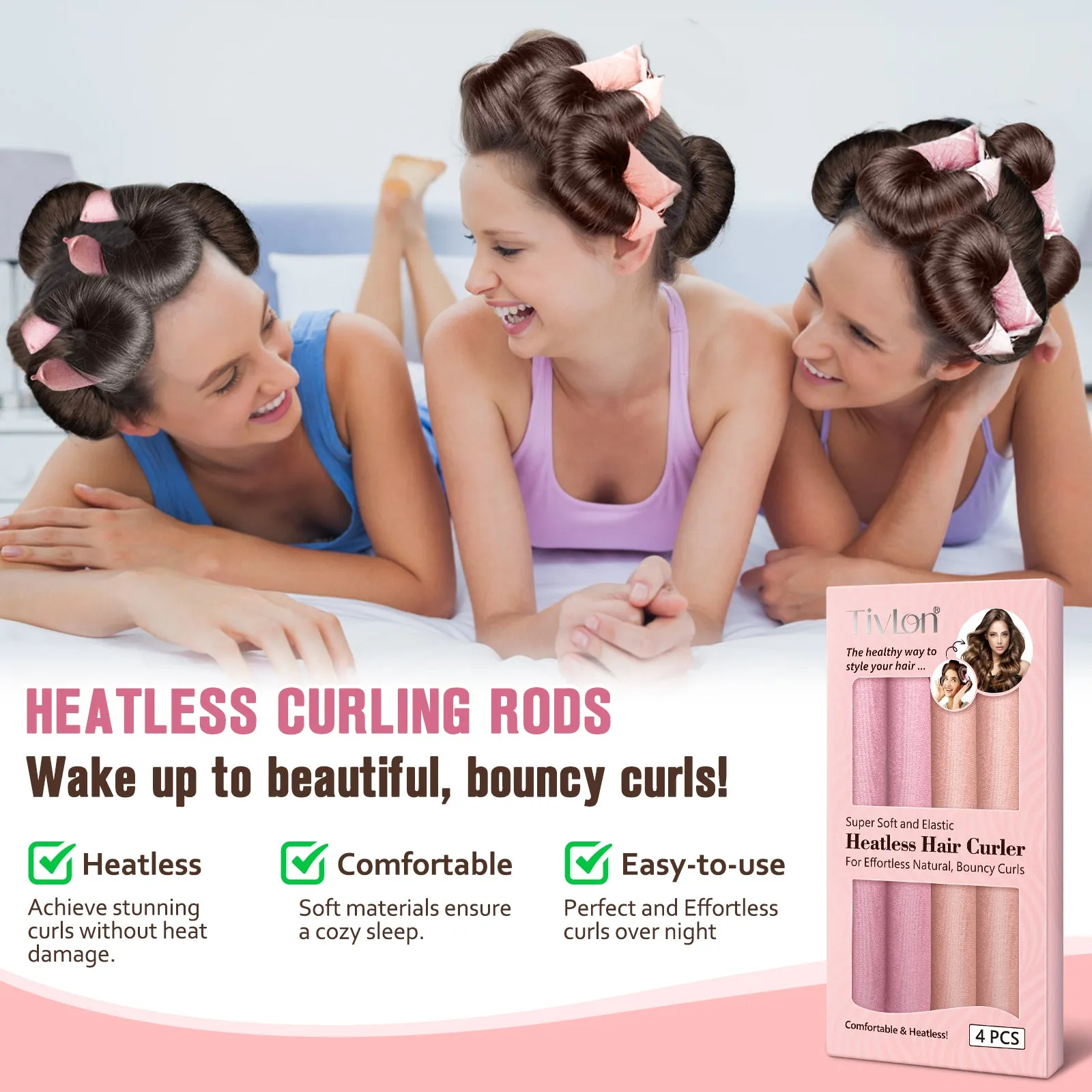 Tivlon Velvet Fabric Heatless Curling Set-Flexi Rods with Hook-Heatless Curling Rod Headband for All Hair Types- Comfortable & Heatless
