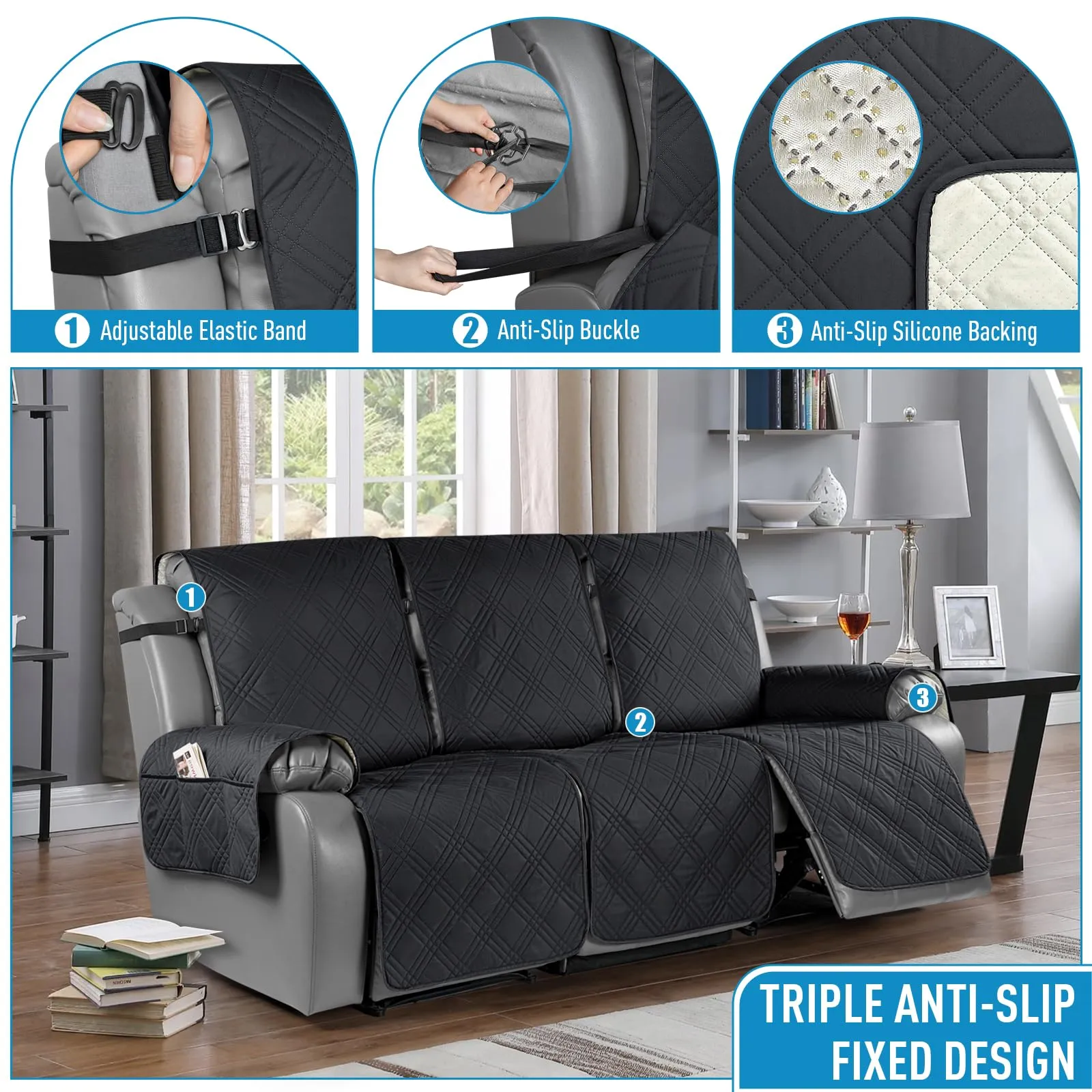 Waterproof Recliner Chair Cover with Double Straps(3 Seat)