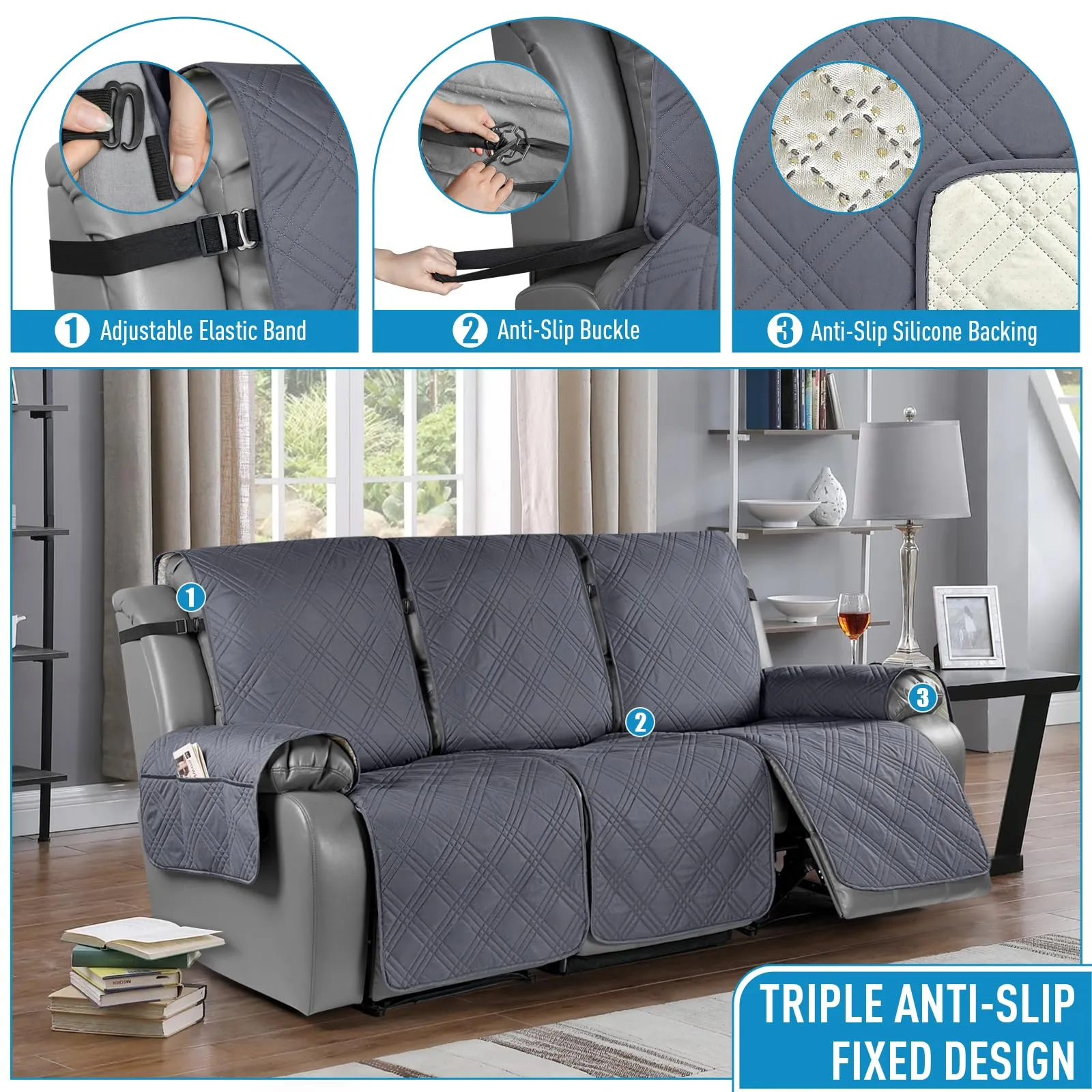 Waterproof Recliner Chair Cover with Double Straps(3 Seat)