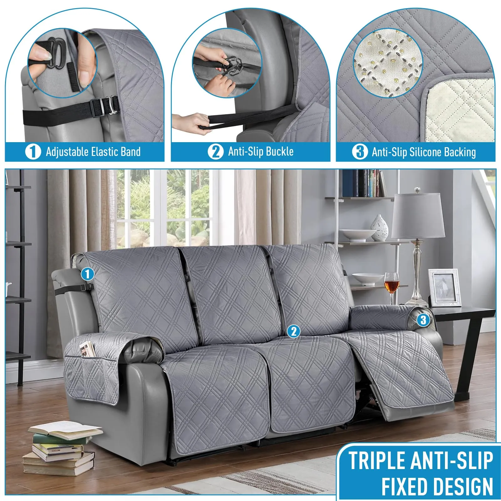 Waterproof Recliner Chair Cover with Double Straps(3 Seat)