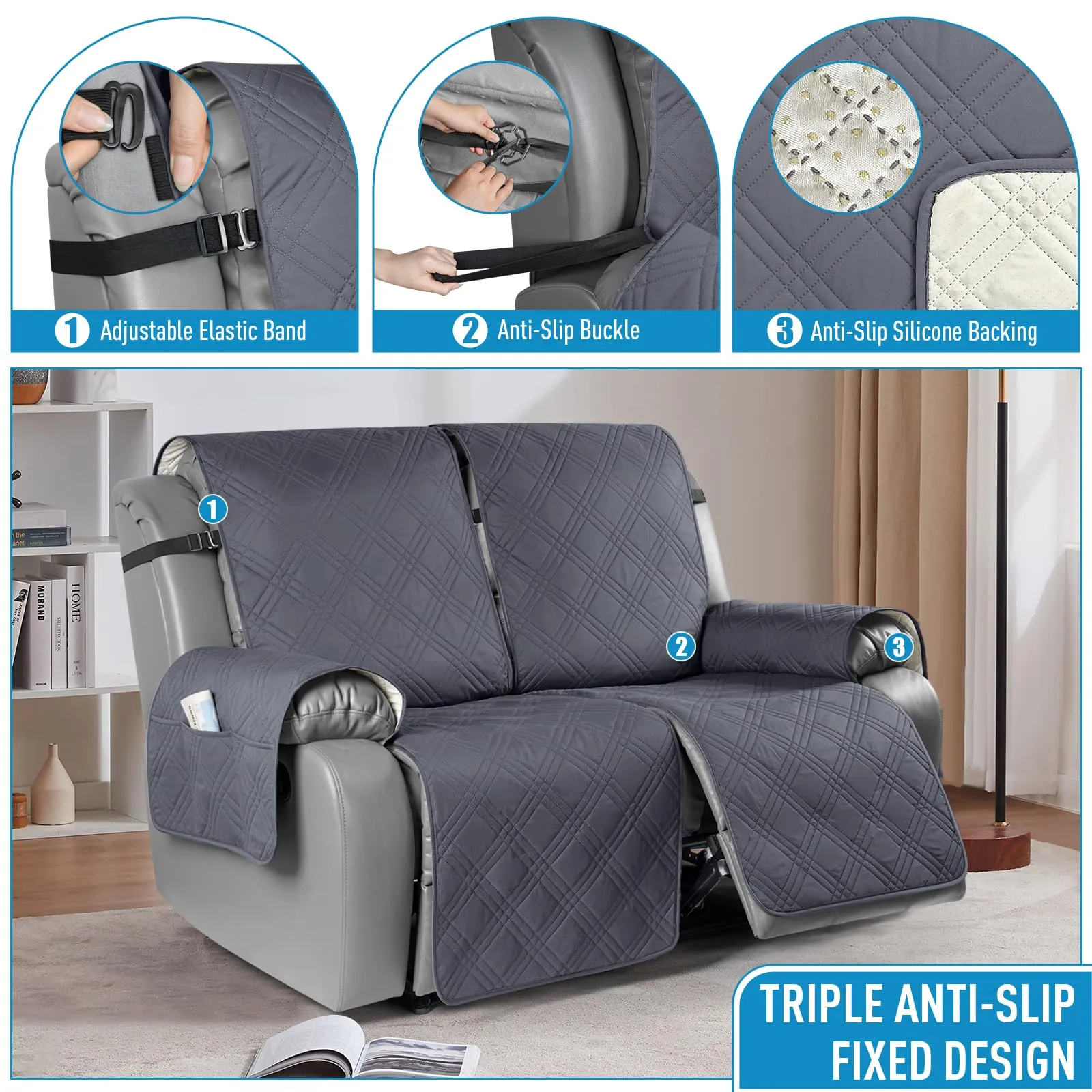 Waterproof Recliner Chair Cover with Double Straps(3 Seat)
