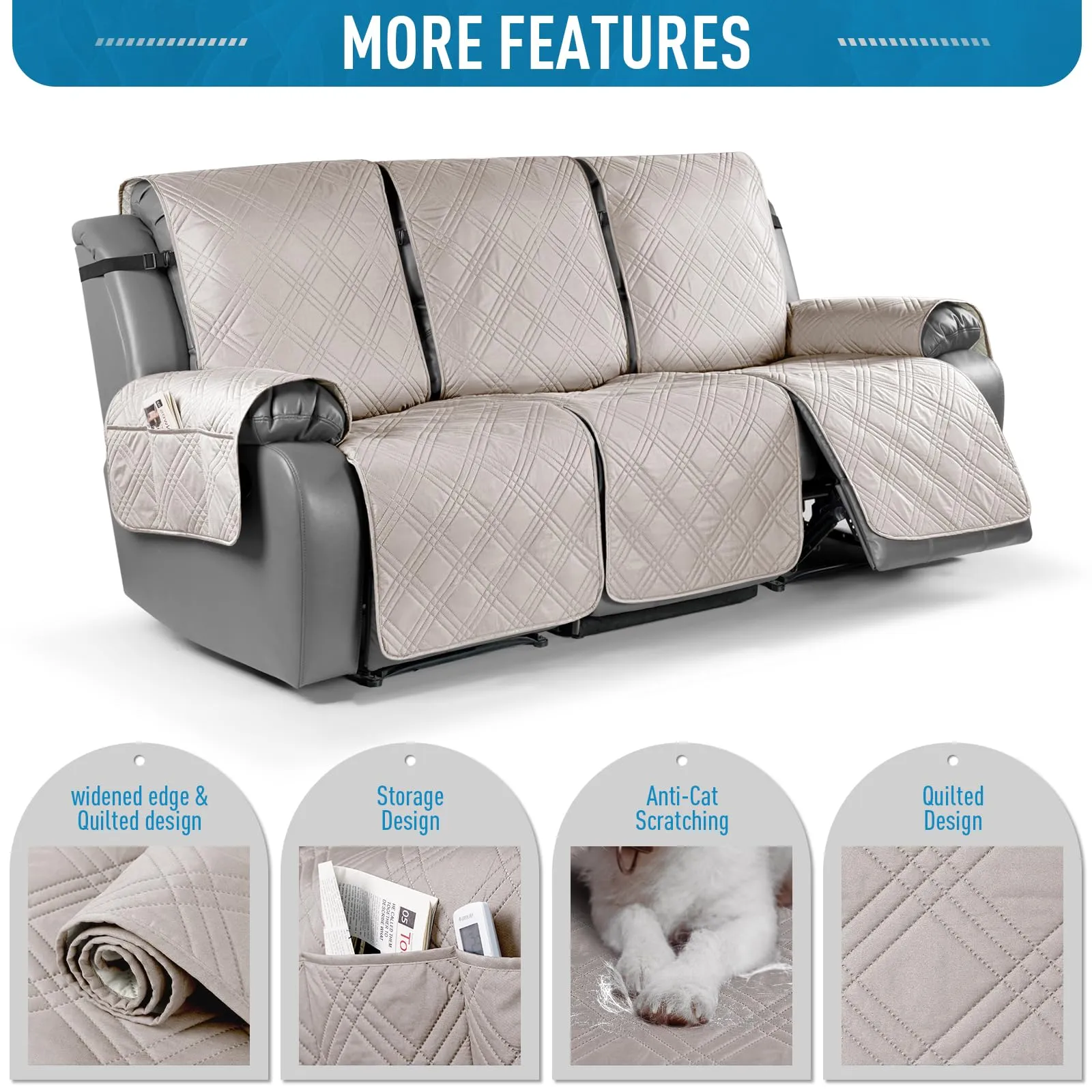 Waterproof Recliner Chair Cover with Double Straps(3 Seat)