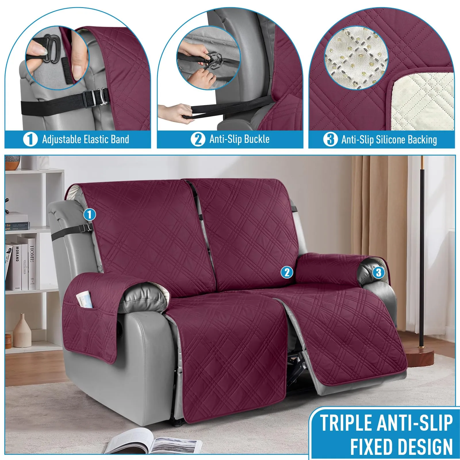 Waterproof Recliner Chair Cover with Double Straps(3 Seat)
