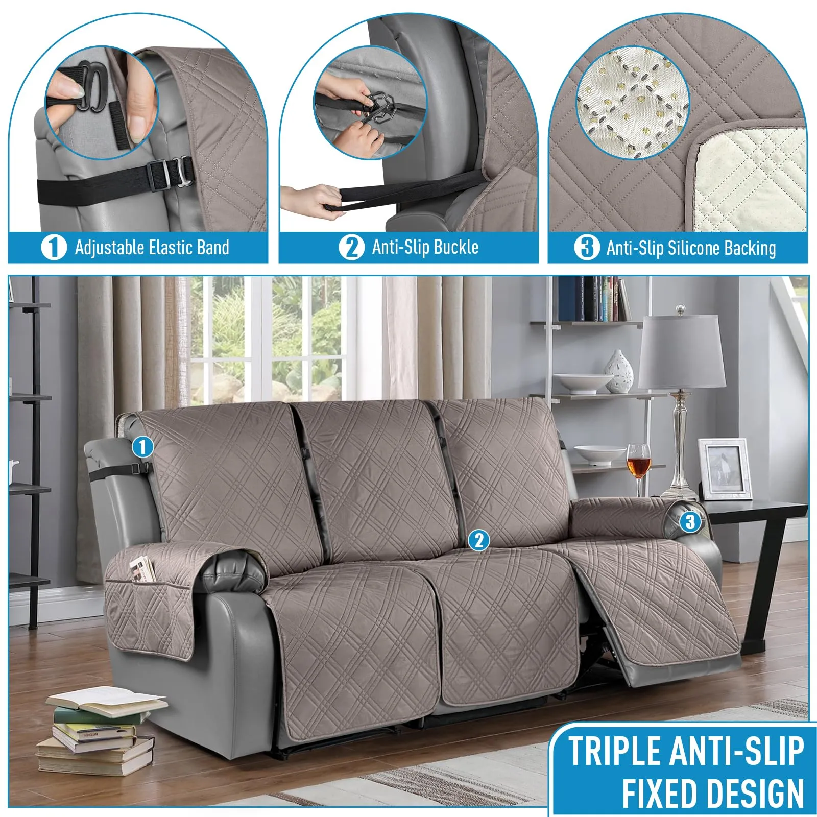 Waterproof Recliner Chair Cover with Double Straps(3 Seat)