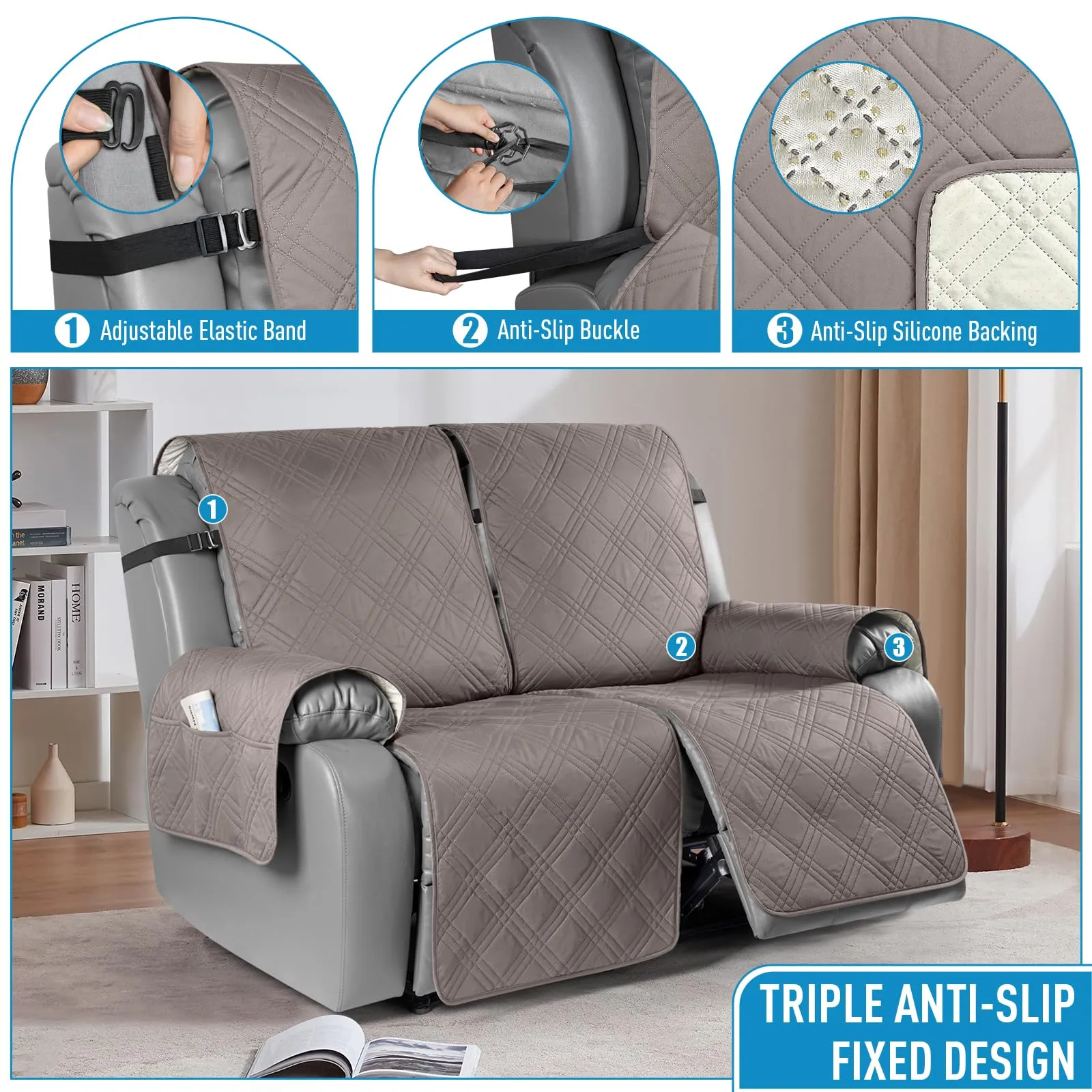 Waterproof Recliner Chair Cover with Double Straps(3 Seat)
