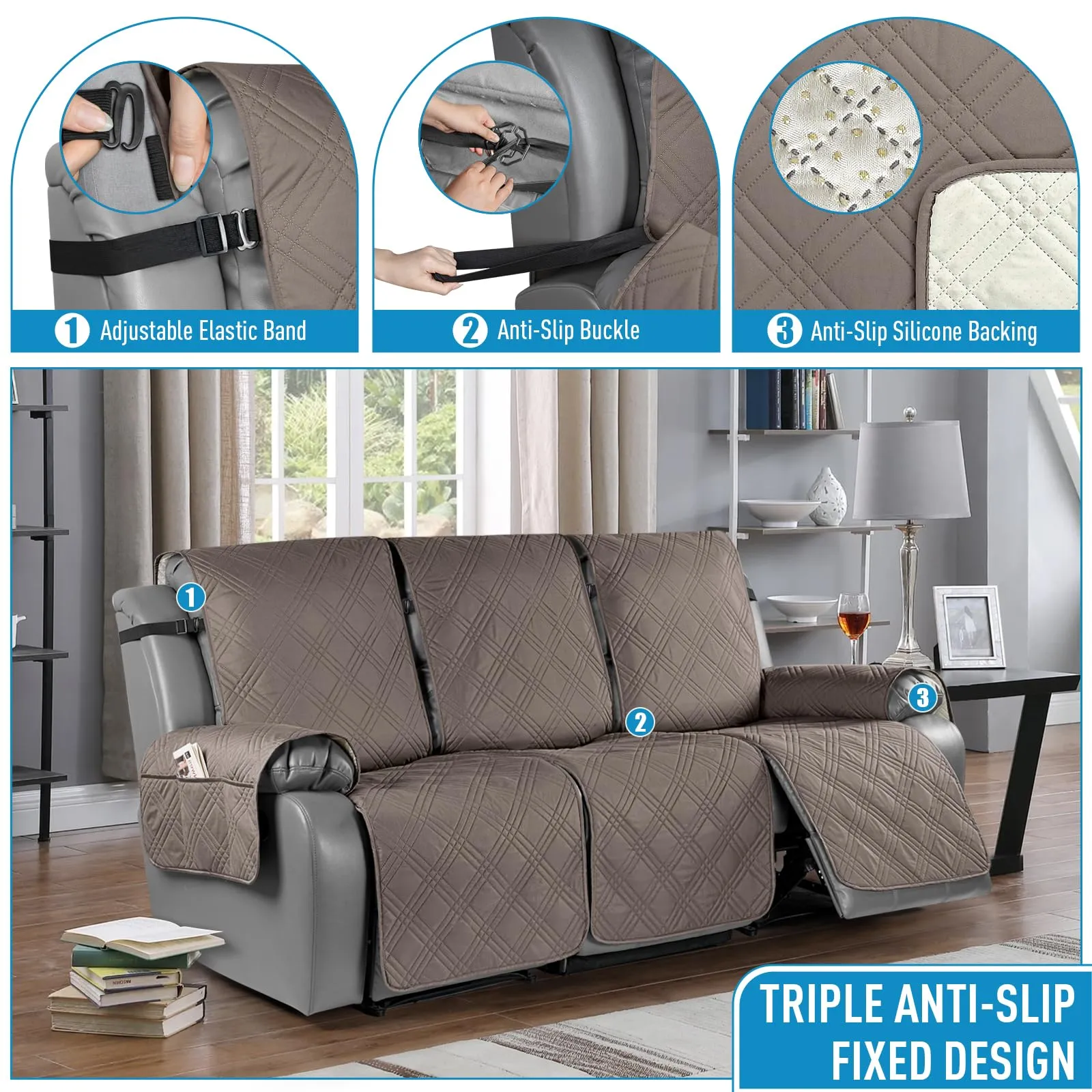 Waterproof Recliner Chair Cover with Double Straps(3 Seat)