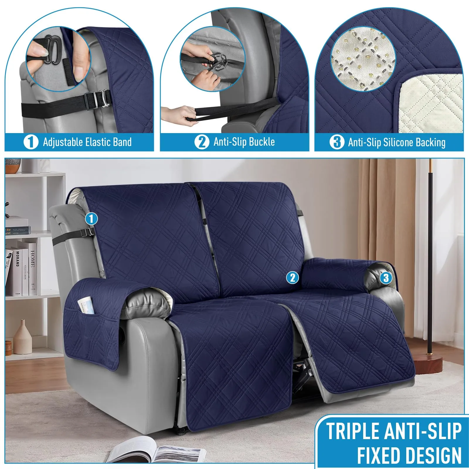 Waterproof Recliner Chair Cover with Double Straps(3 Seat)