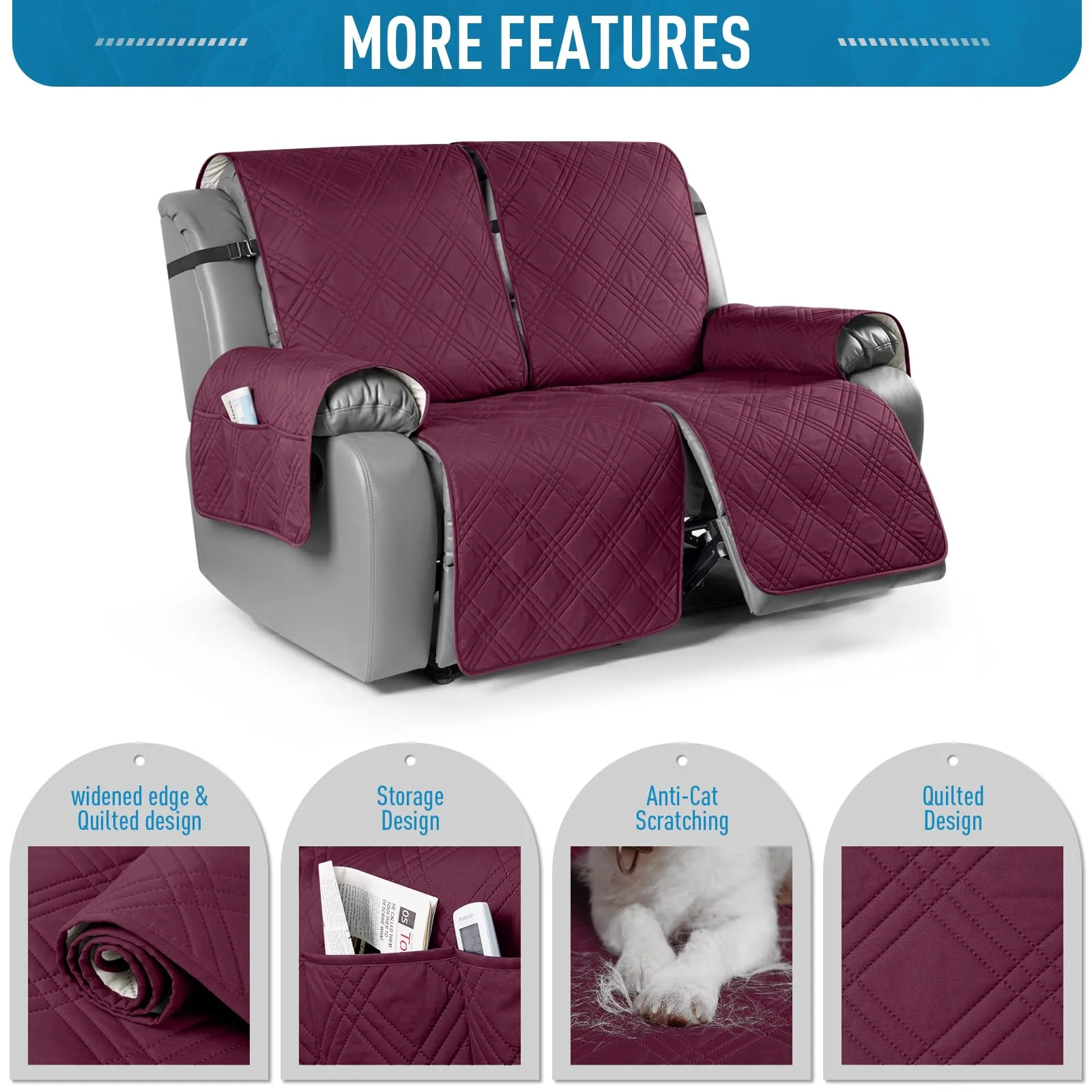 Waterproof Recliner Chair Cover with Double Straps(3 Seat)