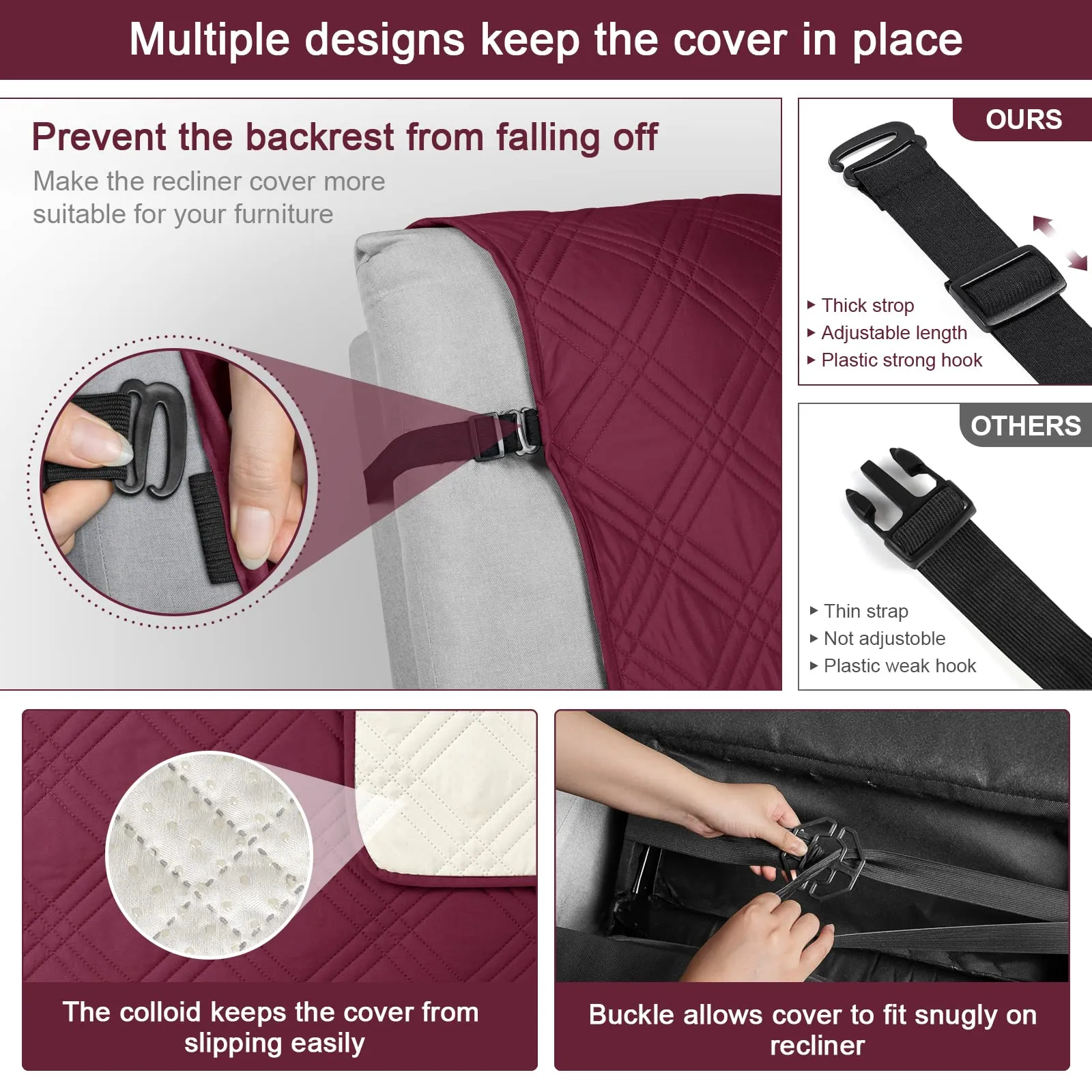 Waterproof Recliner Chair Cover with Double Straps(3 Seat)