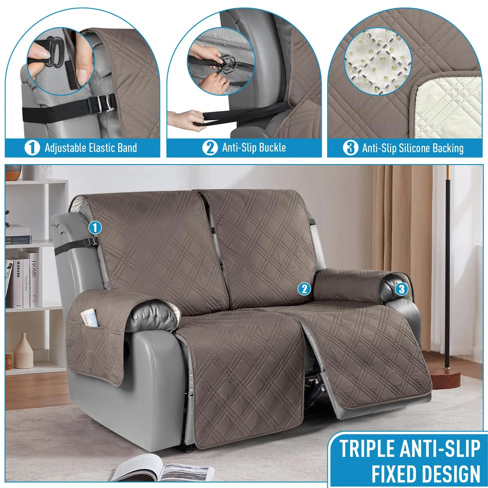 Waterproof Recliner Chair Cover with Double Straps(3 Seat)