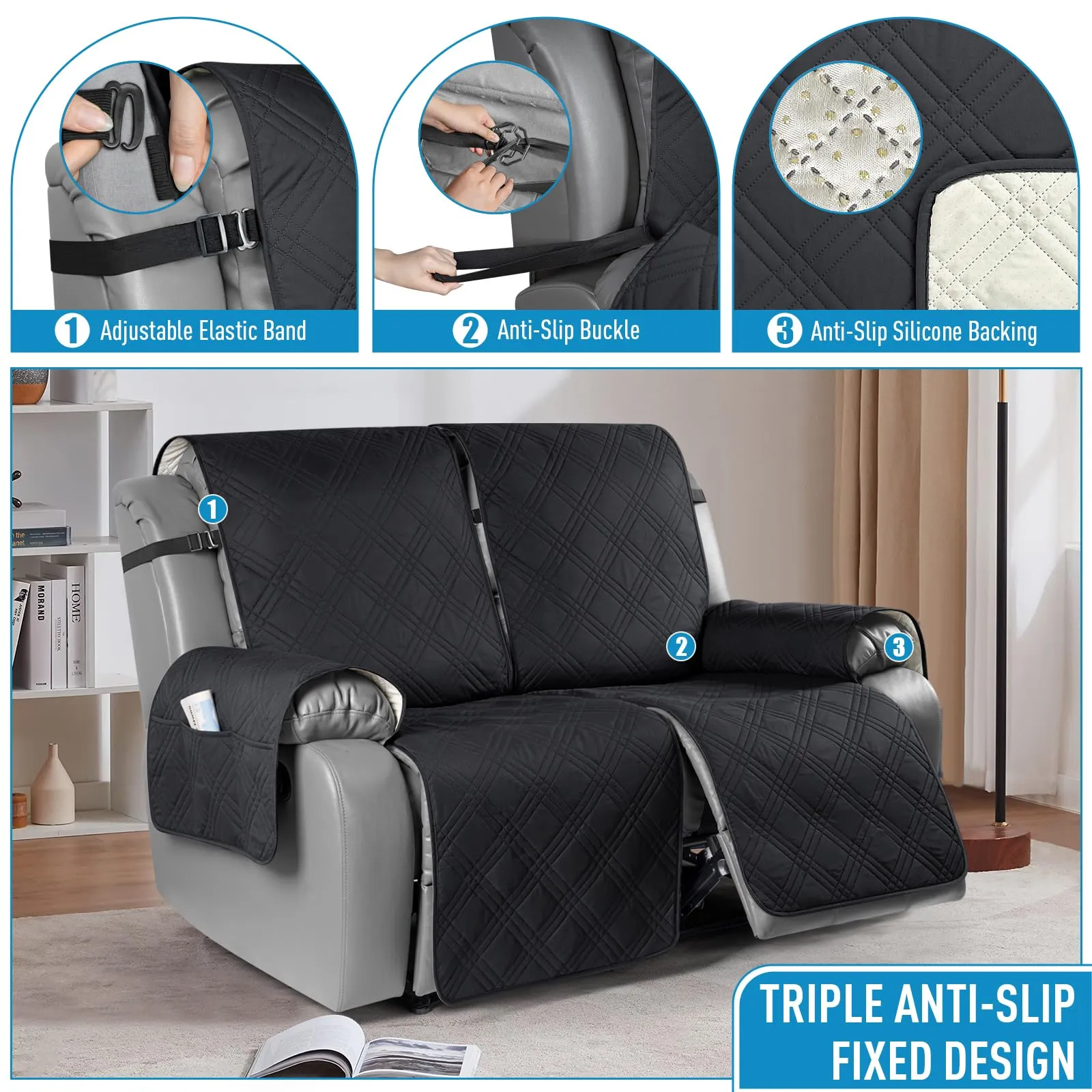 Waterproof Recliner Chair Cover with Double Straps(3 Seat)