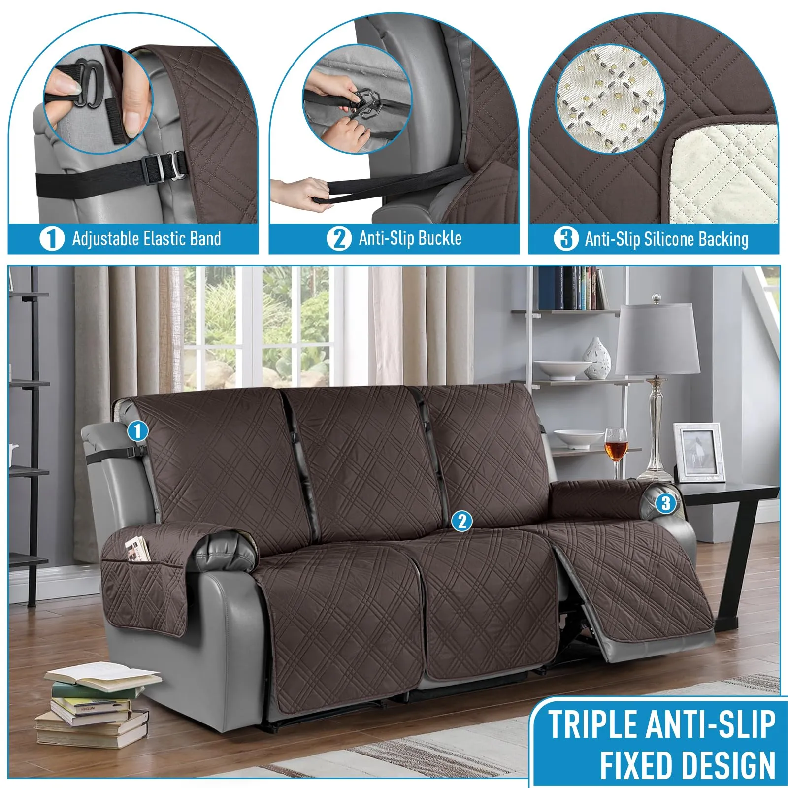 Waterproof Recliner Chair Cover with Double Straps(3 Seat)