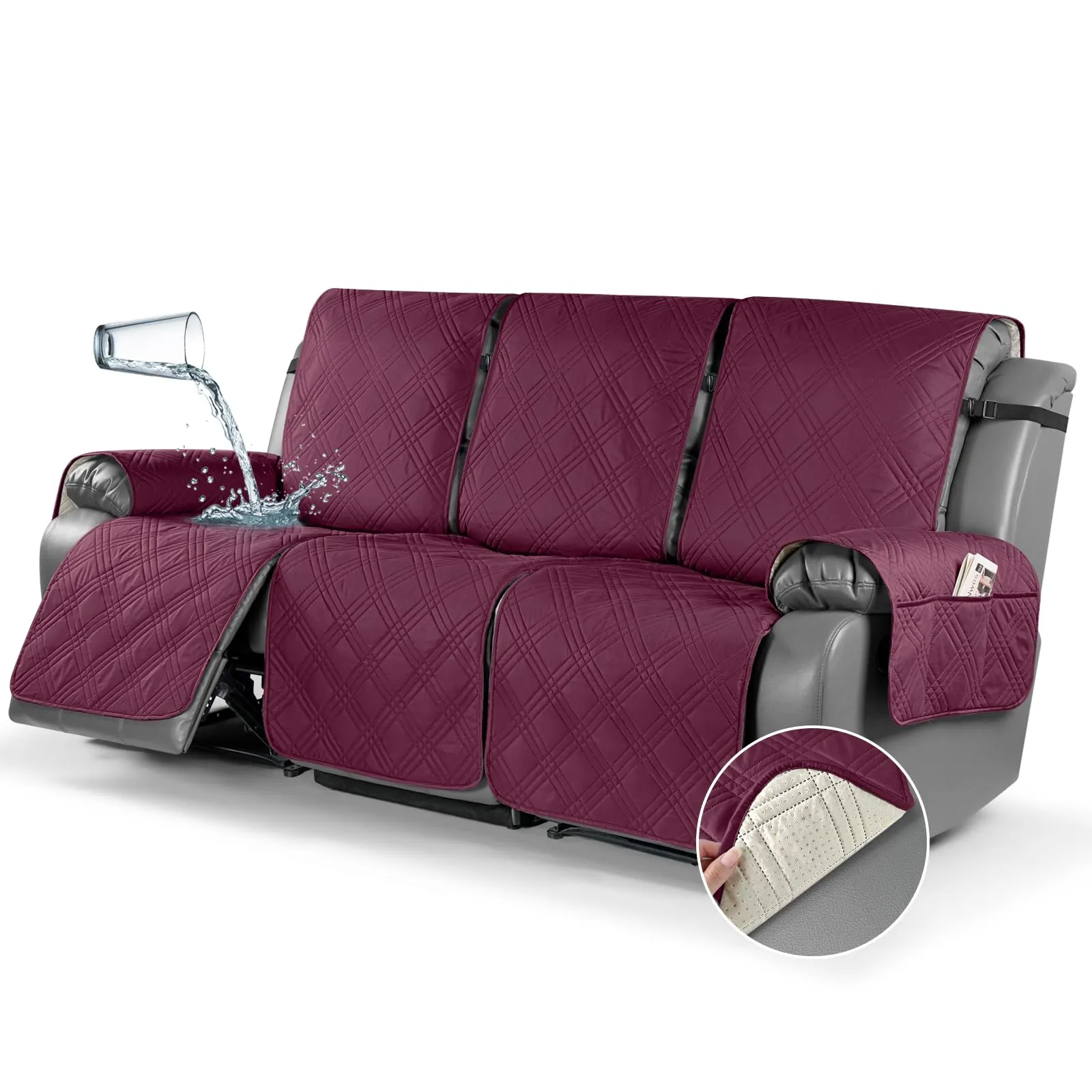 Waterproof Recliner Chair Cover with Double Straps(3 Seat)
