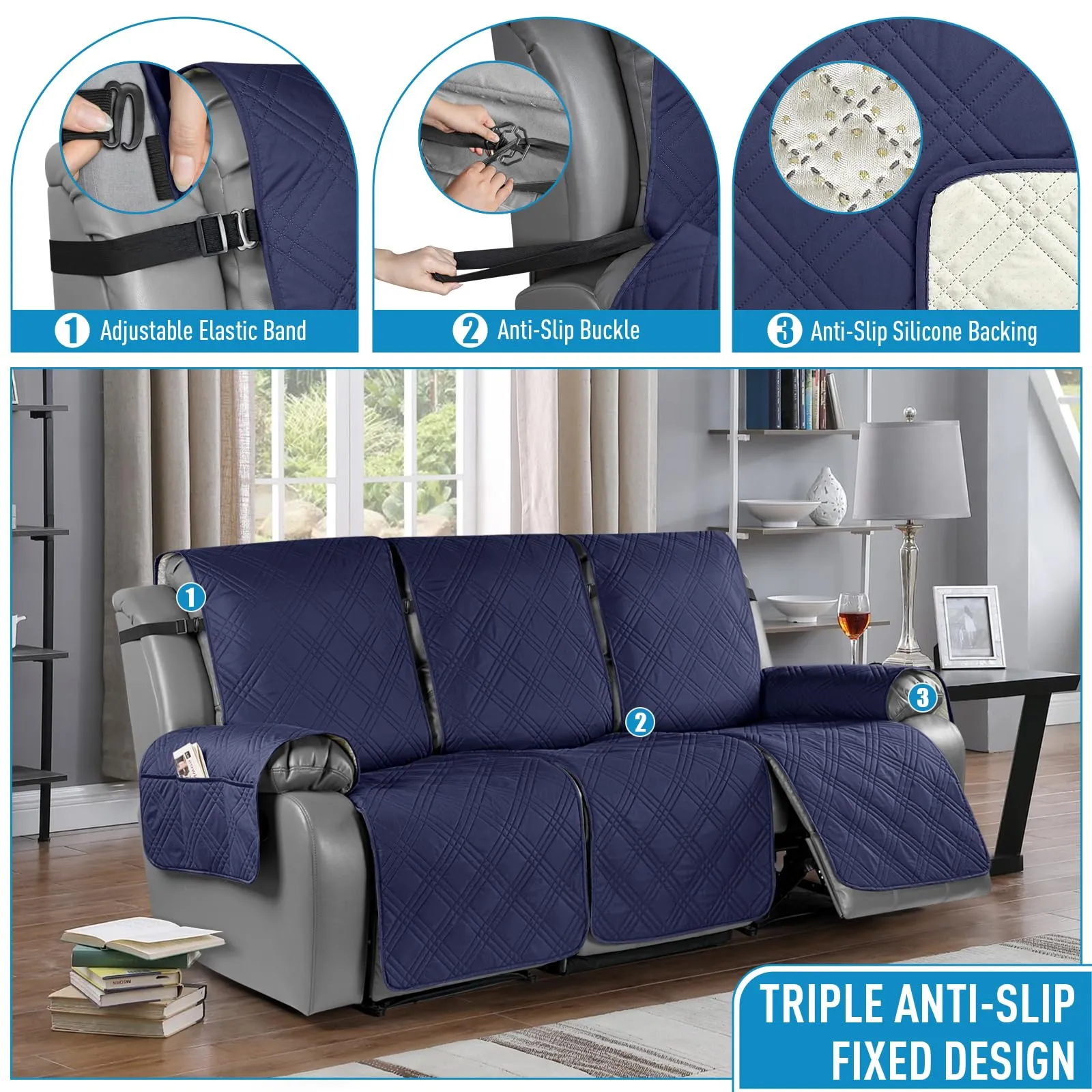 Waterproof Recliner Chair Cover with Double Straps(3 Seat)