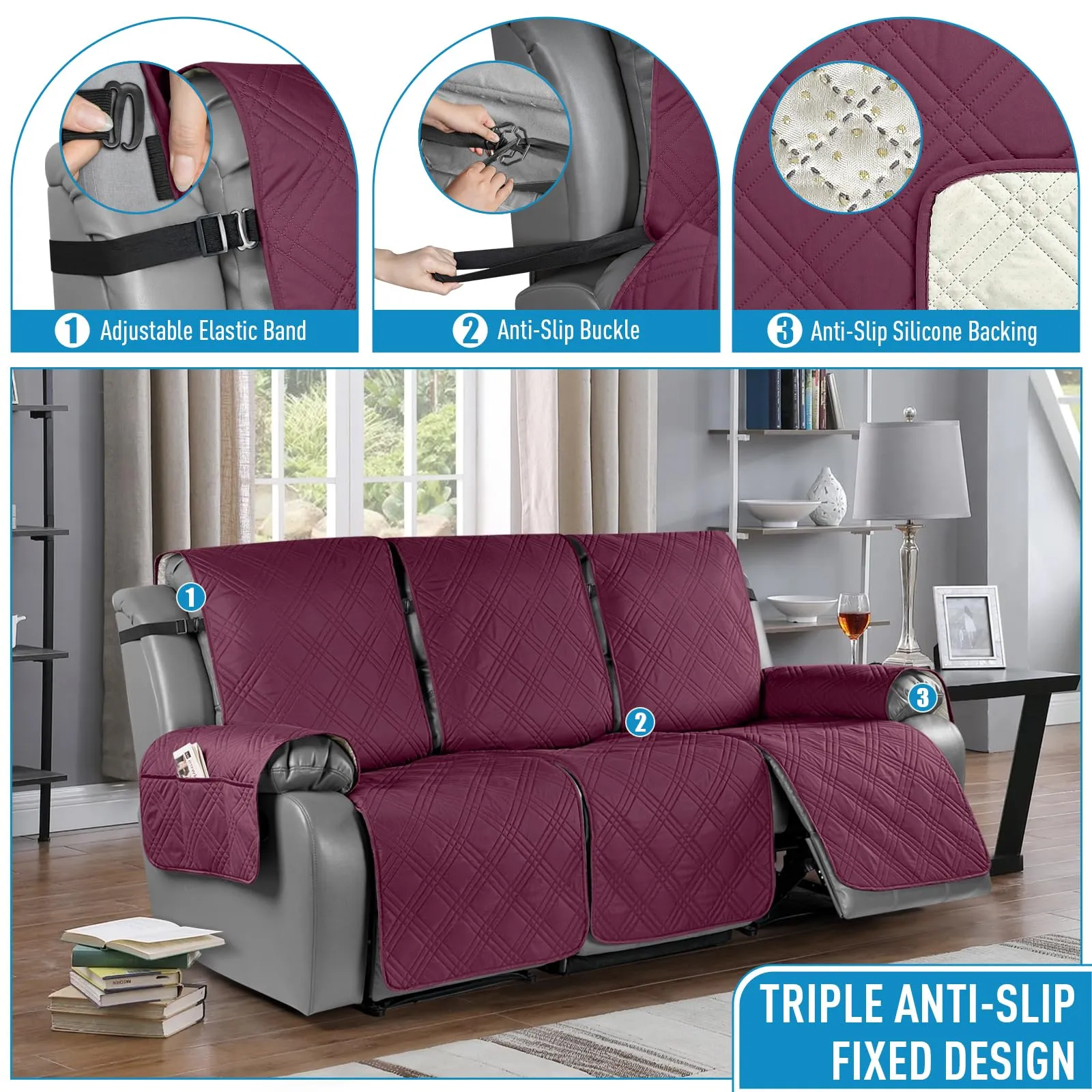 Waterproof Recliner Chair Cover with Double Straps(3 Seat)