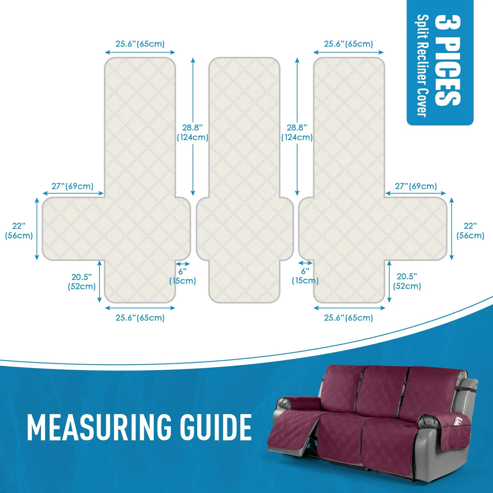 Waterproof Recliner Chair Cover with Double Straps(3 Seat)