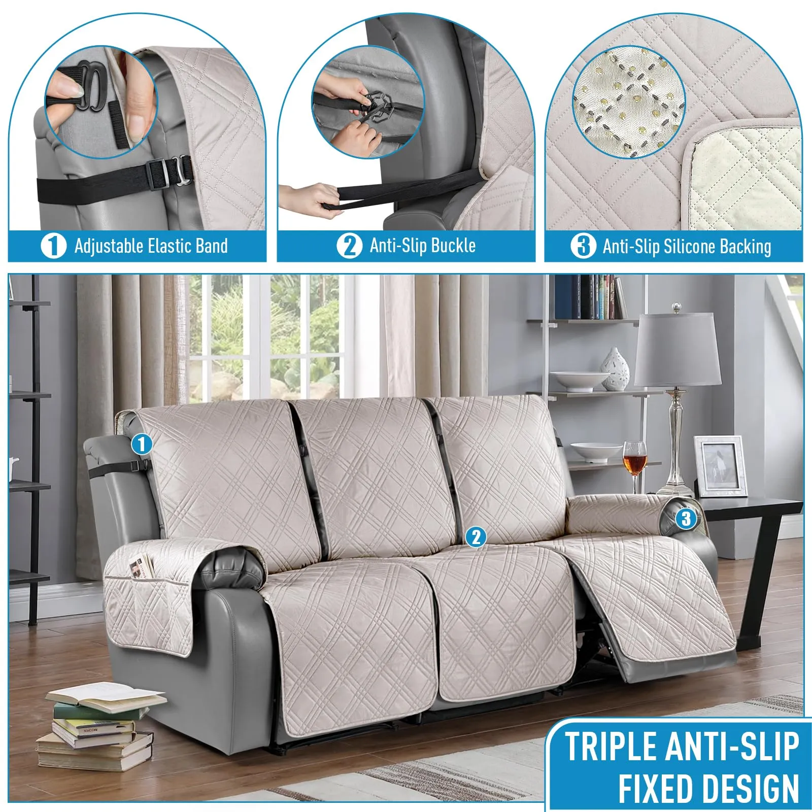Waterproof Recliner Chair Cover with Double Straps(3 Seat)