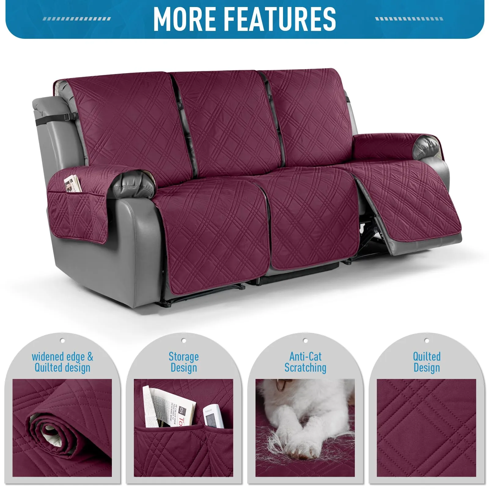 Waterproof Recliner Chair Cover with Double Straps(3 Seat)