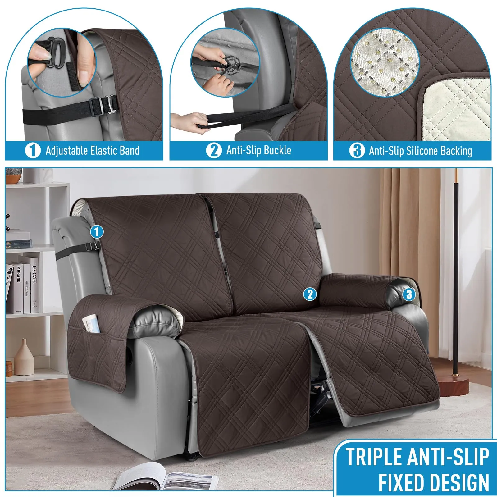 Waterproof Recliner Chair Cover with Double Straps(3 Seat)